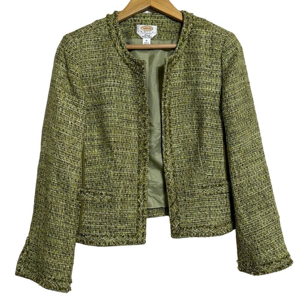 Talbots Tweed Fringe Open Front Blazer Green Size 10